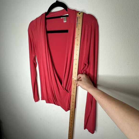 Banana Republic Dark Coral Long Sleeve Deep Draped VNeck Faux Wrap Top S - Picture 8 of 10